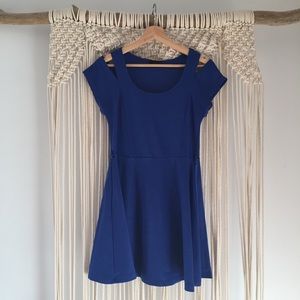 Blue fit & flare dress with cut out shoulders